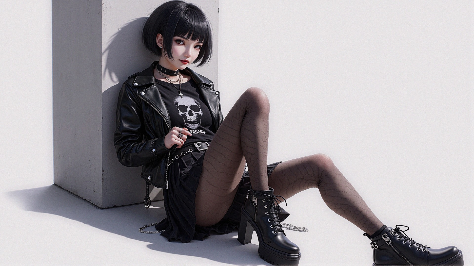 Stylish Young Woman in Punk-Chic Fashion Against White Backdrop