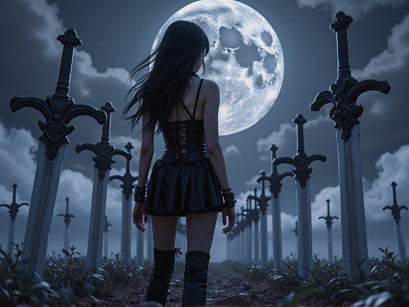 Solitary Figure in Black Dress Under Full Moonlight