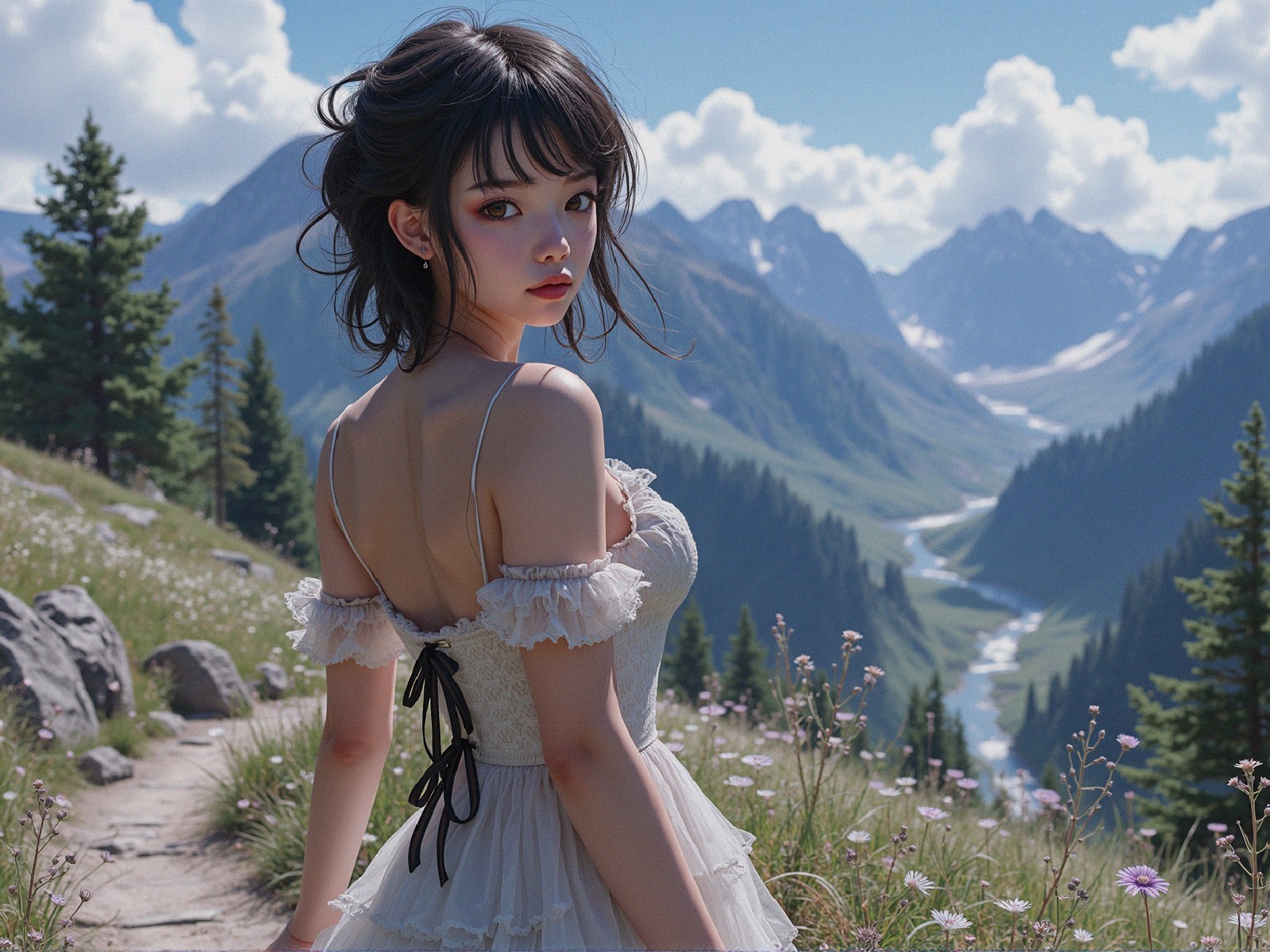 Young Woman in Off-Shoulder Dress in Scenic Landscape