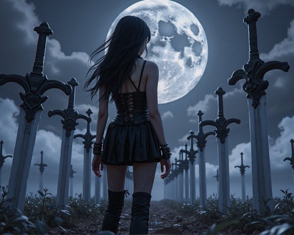 Solitary Figure in Black Dress Under Full Moonlight