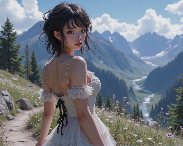 Young Woman in Off-Shoulder Dress in Scenic Landscape