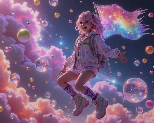 Child with Pink Hair Holding Galaxy Flag in Clouds