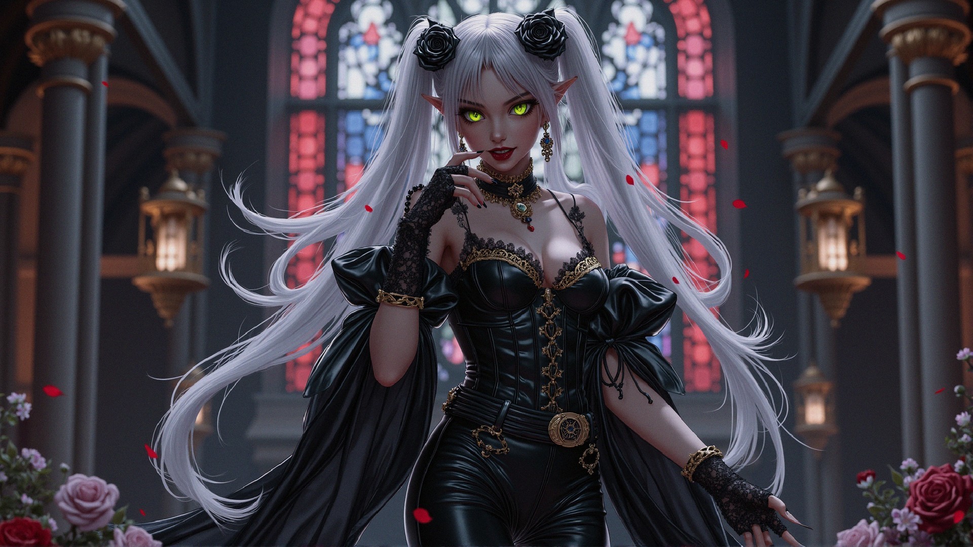 Gothic Figure with Silver Hair and Roses in Stained Glass