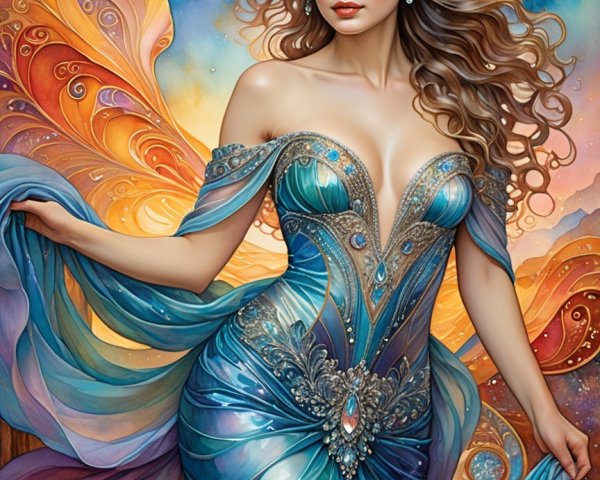 Ethereal Woman in Iridescent Gown Against Vibrant Background