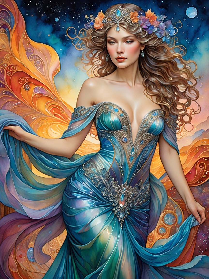 Ethereal Woman in Iridescent Gown Against Vibrant Background