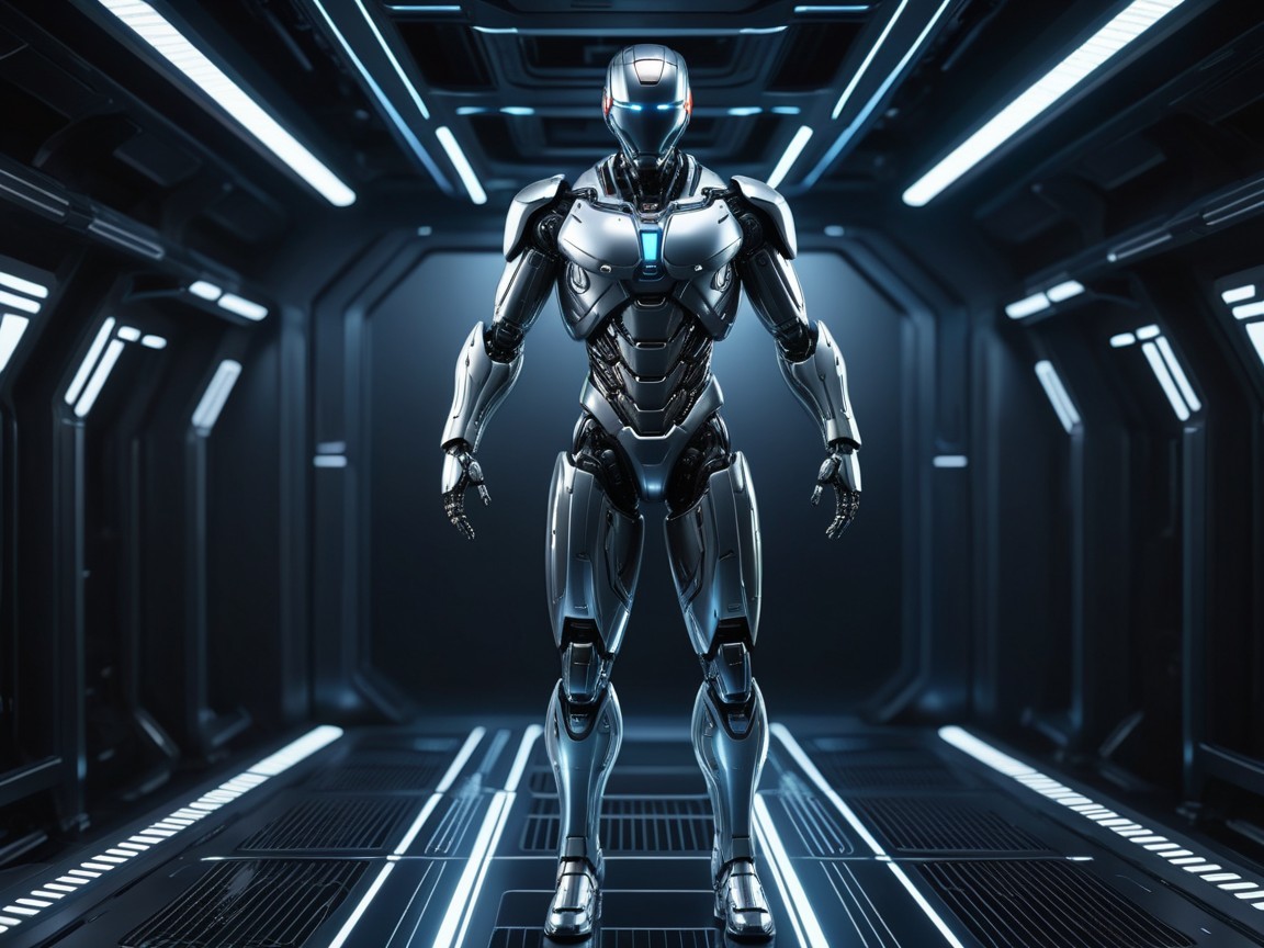 Futuristic Robot in High-Tech Corridor with Ambient Lights