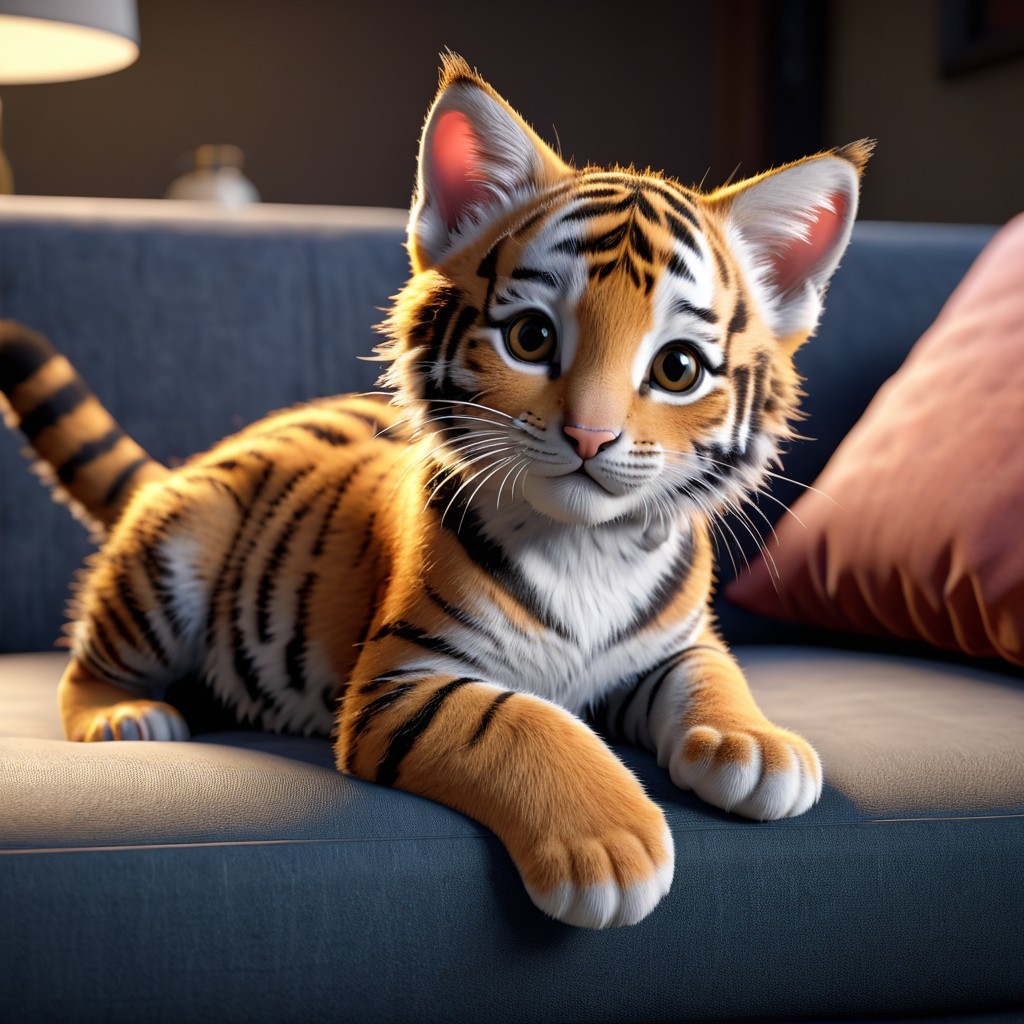 Cartoon Baby Tiger Relaxing on Blue Sofa