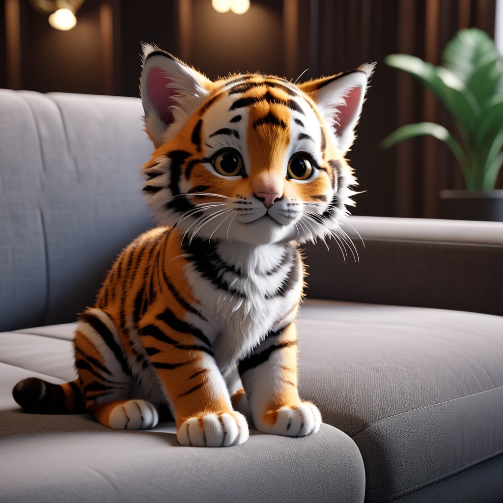 Cartoon Tiger Cub on Cozy Gray Sofa in Modern Interior