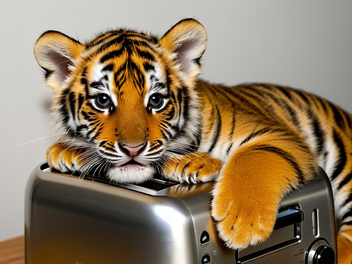 Tiger Cub Relaxing on a Silver Toaster