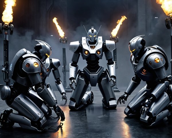 Futuristic Robots in Dramatic Industrial Setting