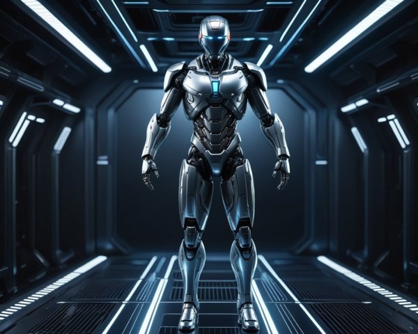 Futuristic Robot in High-Tech Corridor with Ambient Lights