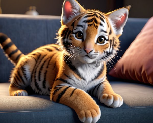 Cartoon Baby Tiger Relaxing on Blue Sofa