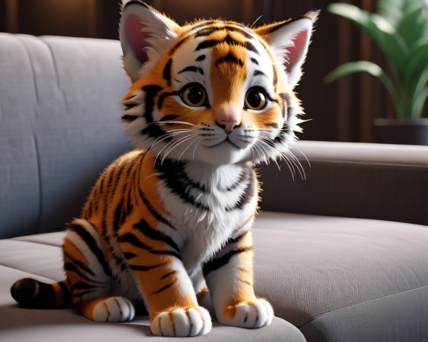 Cartoon Tiger Cub on Cozy Gray Sofa in Modern Interior