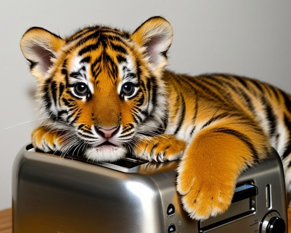 Tiger Cub Relaxing on a Silver Toaster