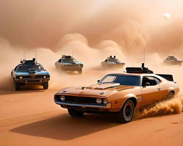 Desert Convoy of Modified Cars Kicking Up Sand Dust