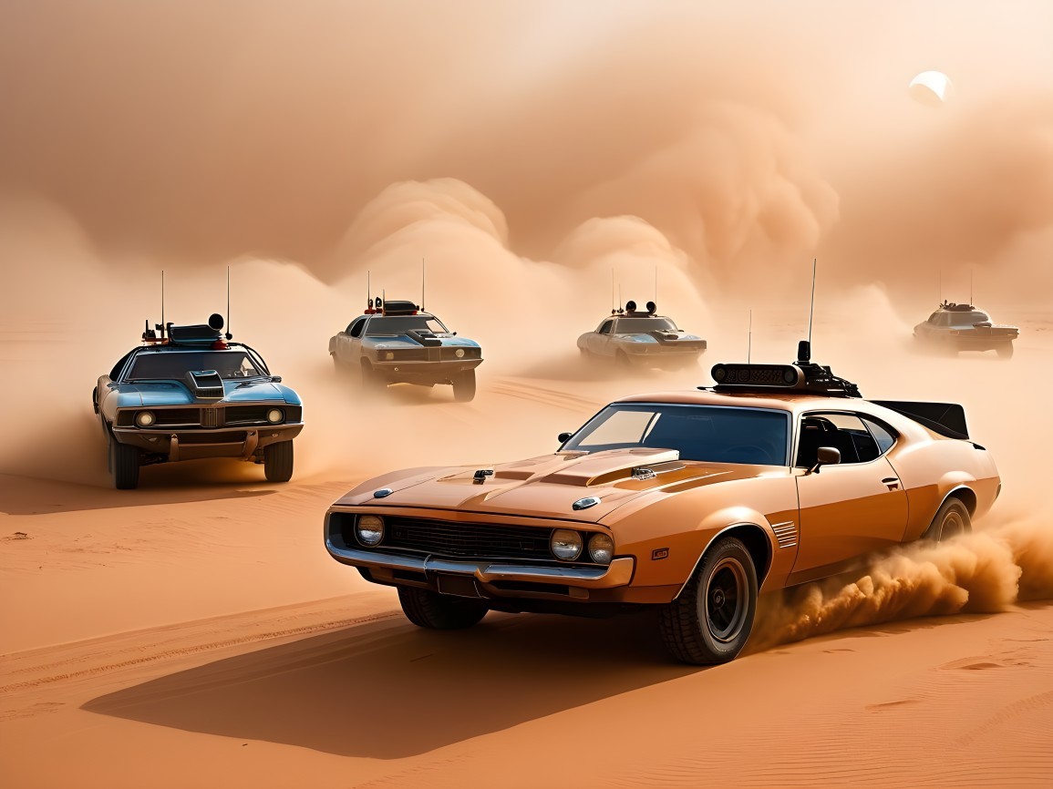 Desert Convoy of Modified Cars Kicking Up Sand Dust