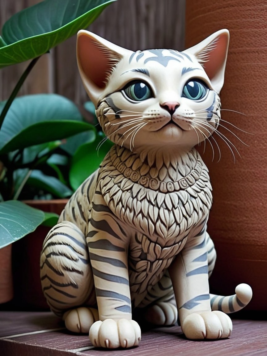 Whimsical Ceramic Cat Figure with Intricate Detailing