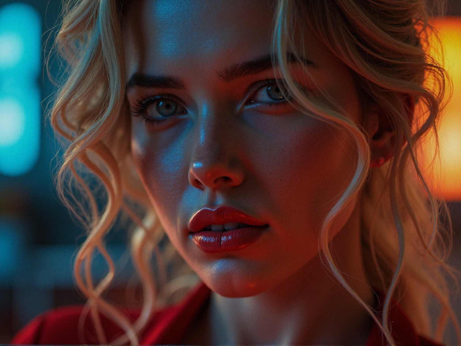 Close-Up Portrait of Young Woman with Vibrant Lighting