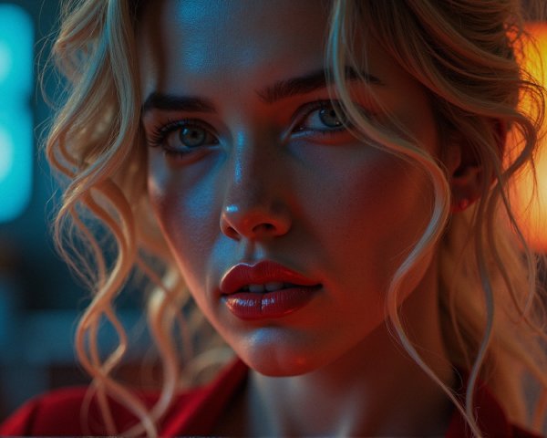 Close-Up Portrait of Young Woman with Vibrant Lighting