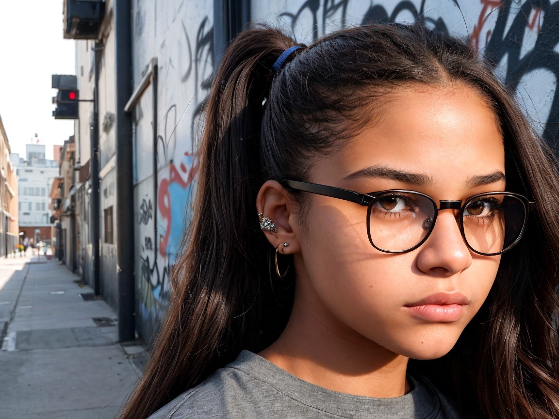 Young girl with ponytail by graffiti wall in city