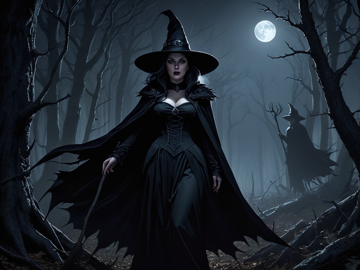 Witch in Cloak and Hat in Moonlit Forest Scene
