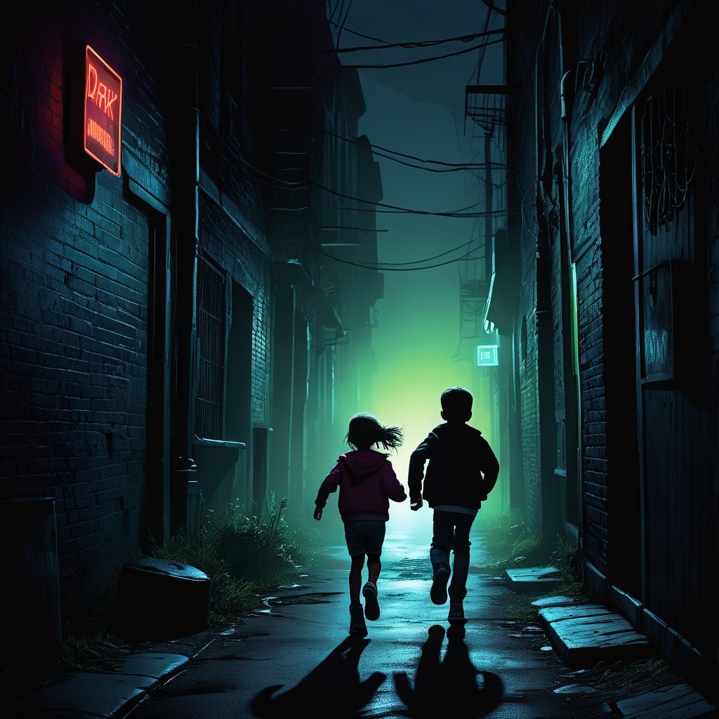 Children Running in Dimly Lit Alley with Green Glow