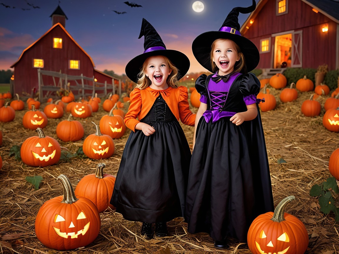 Young girls in witch costumes in a pumpkin patch