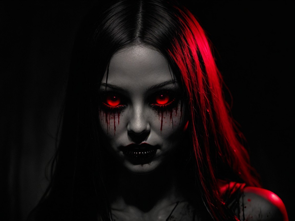 Mysterious figure with dark hair and glowing red eyes