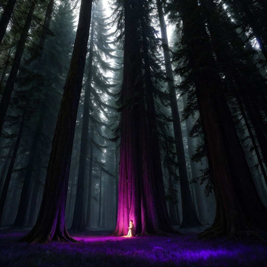 Mystical Forest with Ethereal Purple Glow and Fog