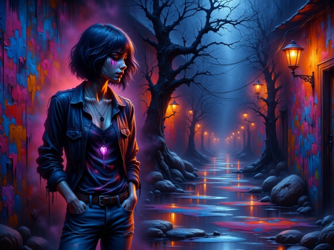 Surreal Landscape with Young Woman in Colorful Alley