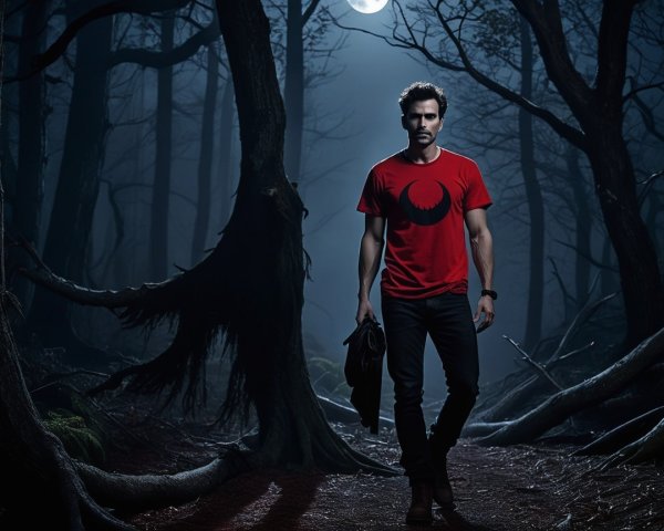 Man in red t-shirt stands in eerie moonlit forest