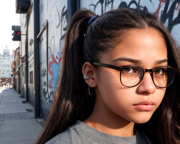 Young girl with ponytail by graffiti wall in city
