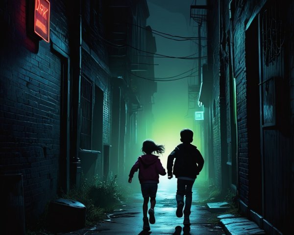 Children Running in Dimly Lit Alley with Green Glow