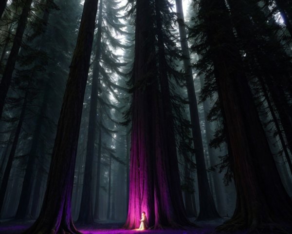 Mystical Forest with Ethereal Purple Glow and Fog