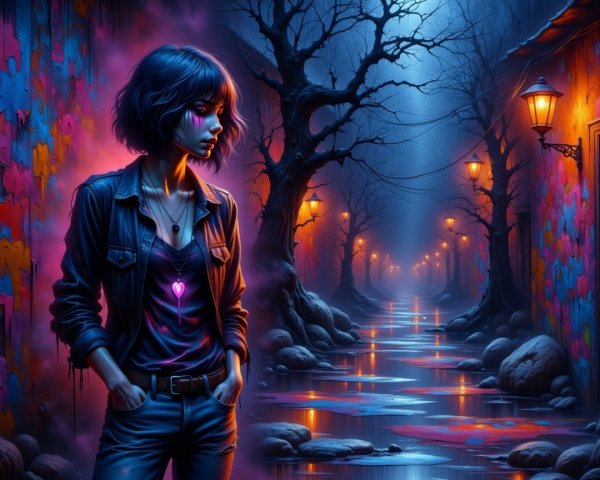 Surreal Landscape with Young Woman in Colorful Alley