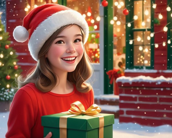 Cheerful Girl in Red Dress with Holiday Gift Scene