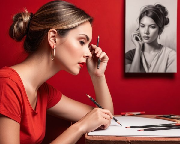 Artist Sketching in Studio with Colorful Pencils