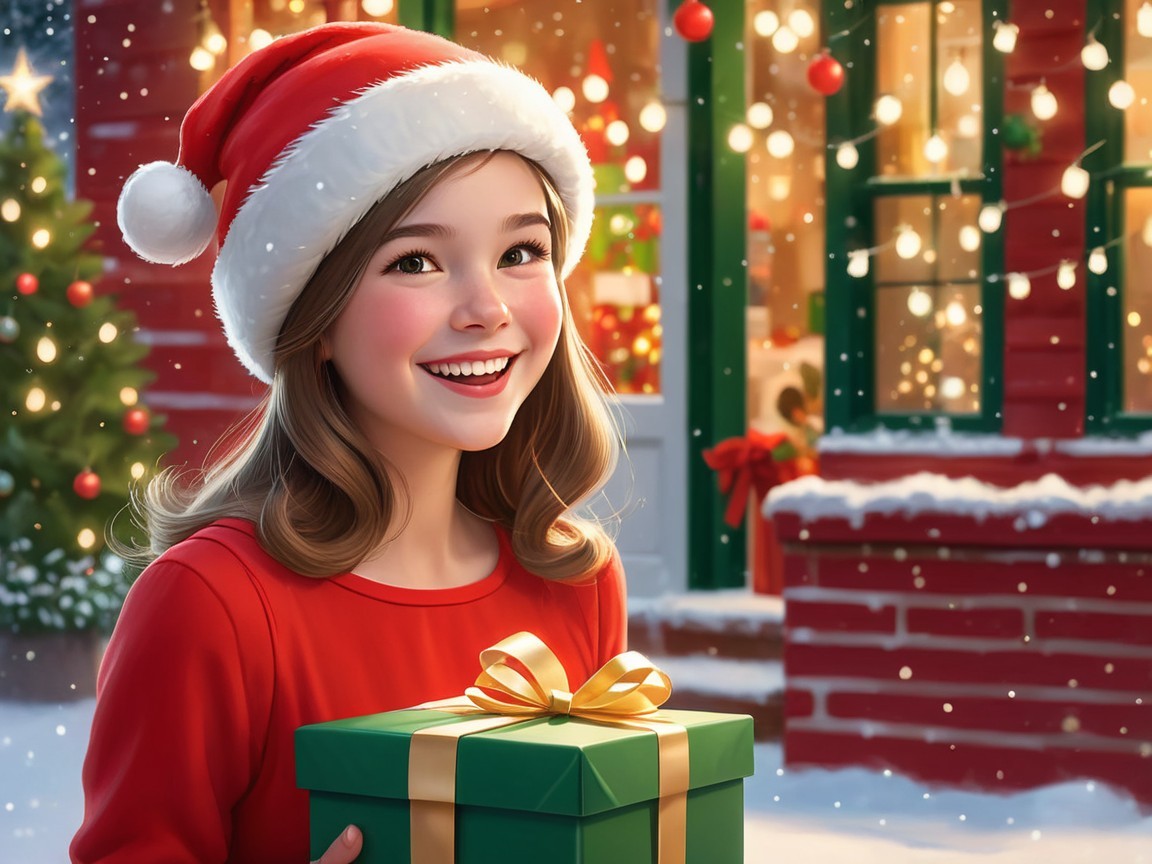 Cheerful Girl in Red Dress with Holiday Gift Scene