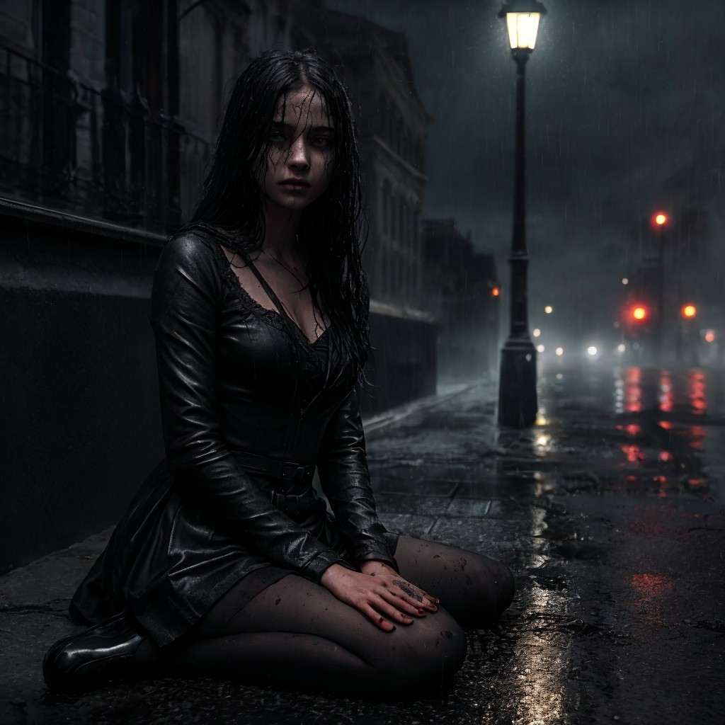 Contemplative Woman in Rainy, Dimly Lit Street