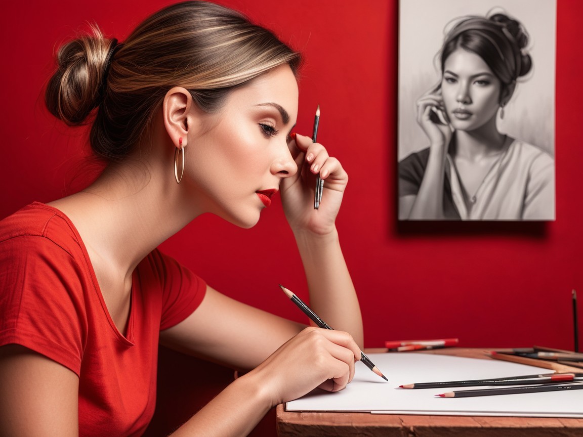 Artist Sketching in Studio with Colorful Pencils