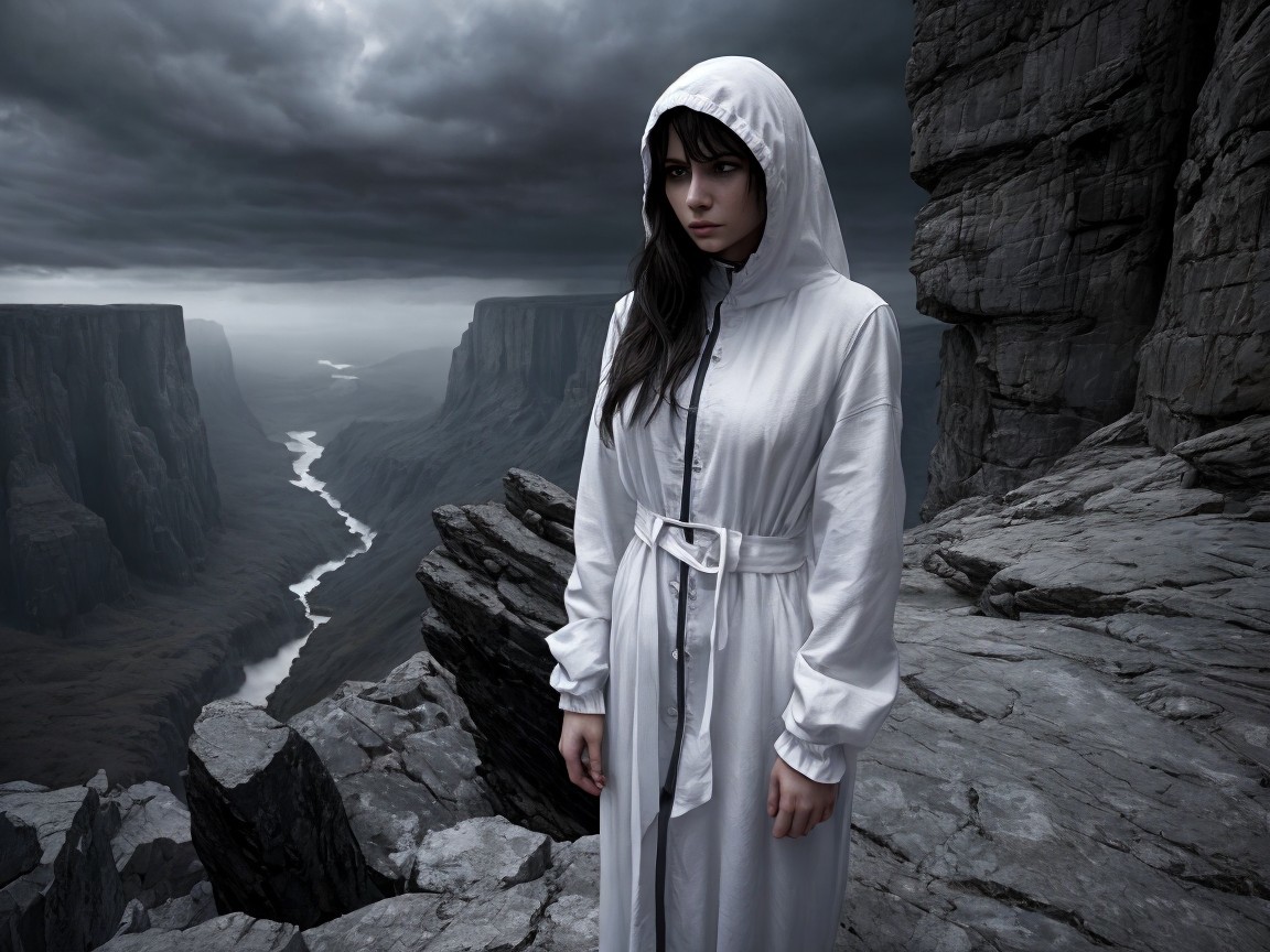 Figure on Cliff in White Coat Against Dramatic Sky