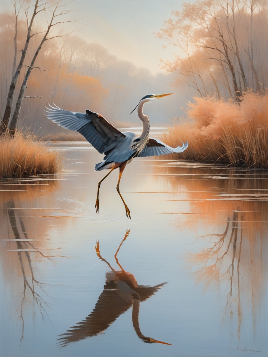 Heron Spreading Wings Over Misty Lake at Dawn