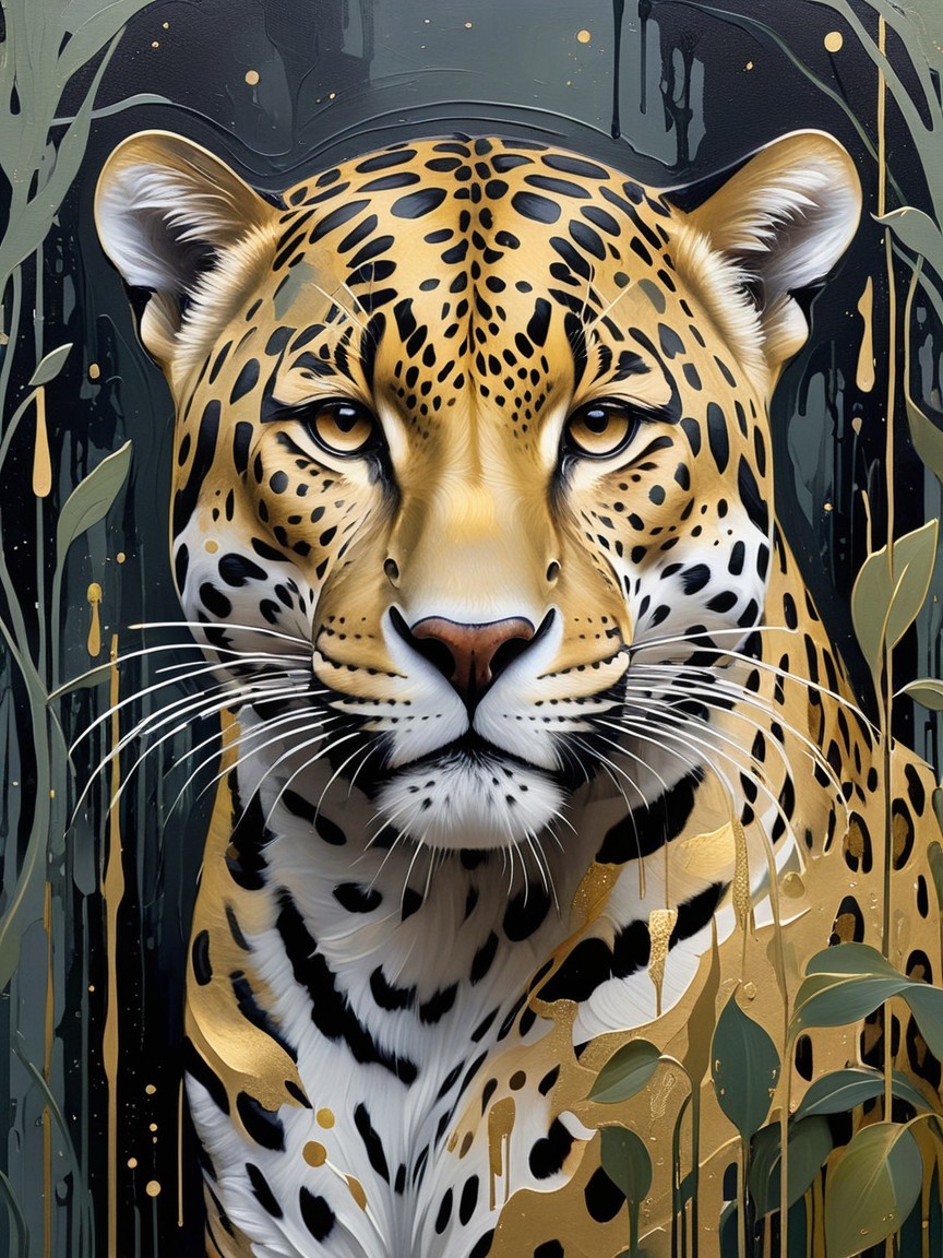 Portrait of a leopard in vibrant jungle foliage