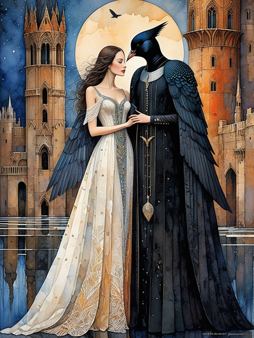 Mystical Couple in Gothic Fantasy Setting Under Moonlight