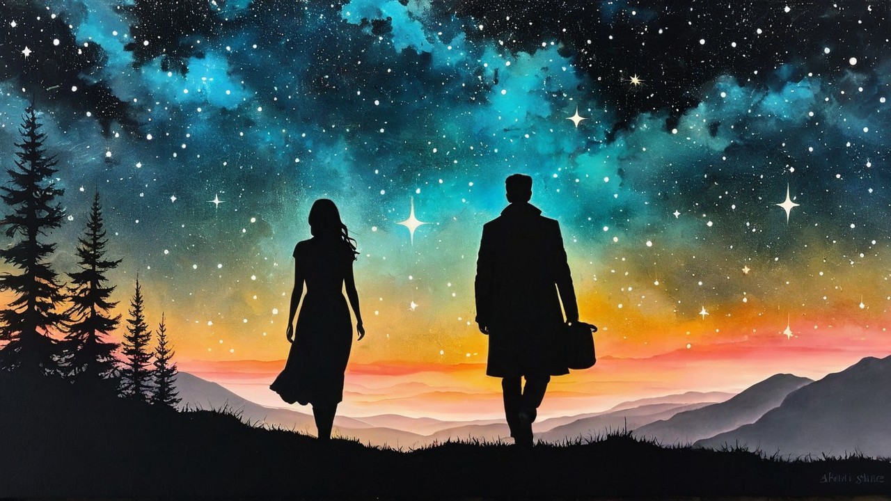 Twilight Scene of a Couple Against Cosmic Backdrop