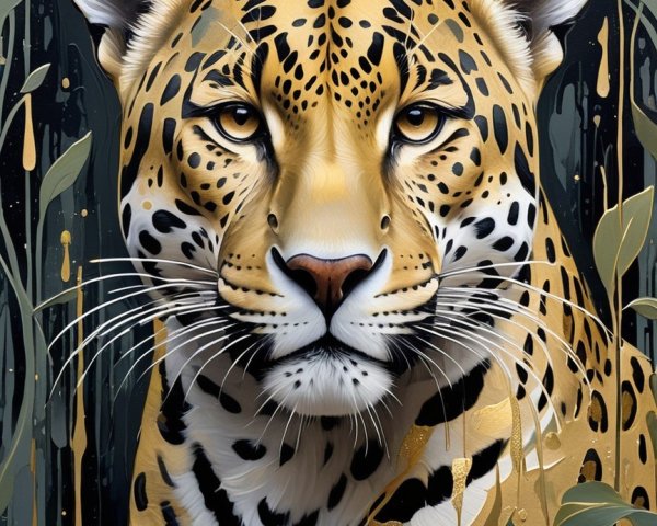 Portrait of a leopard in vibrant jungle foliage