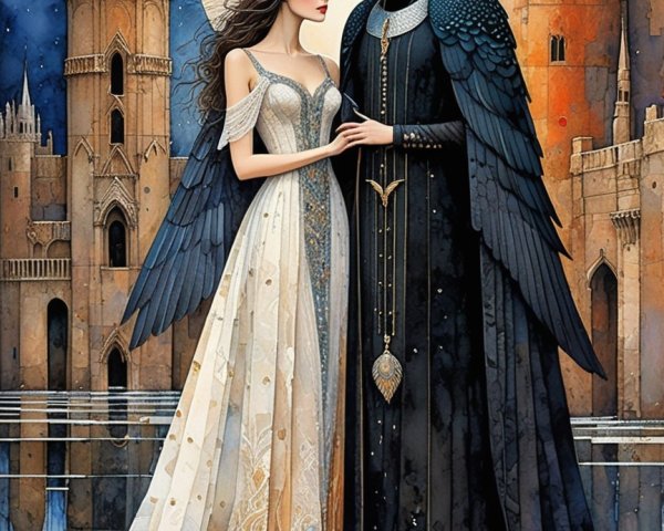 Mystical Couple in Gothic Fantasy Setting Under Moonlight