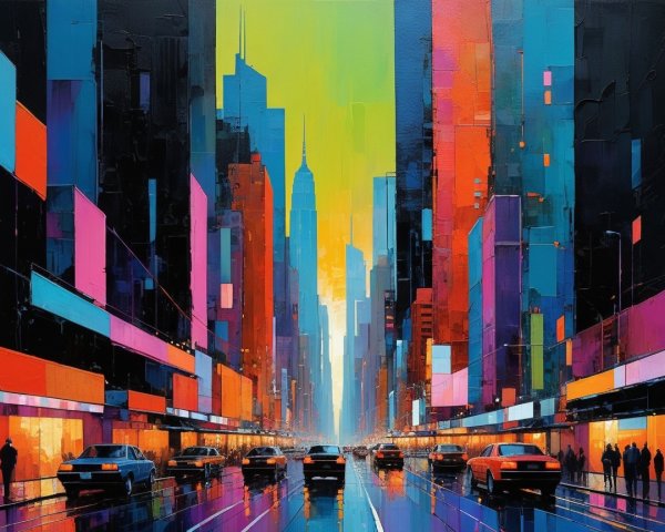 Vibrant Cityscape at Twilight with Neon Lights
