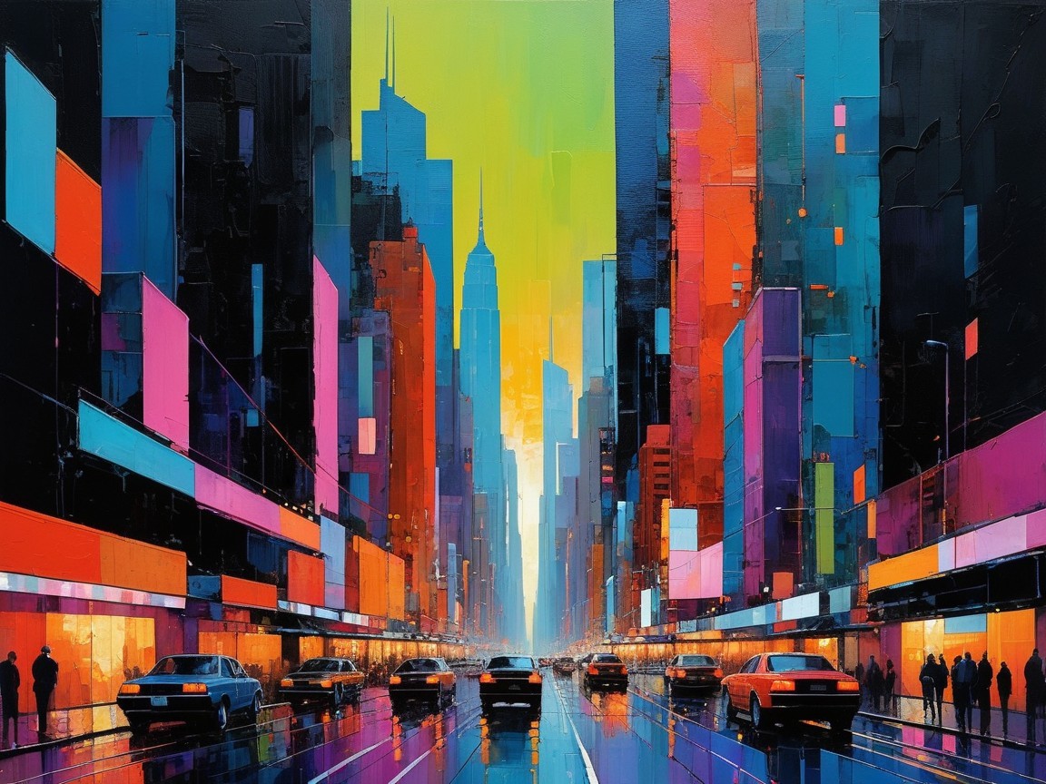 Vibrant Cityscape at Twilight with Neon Lights