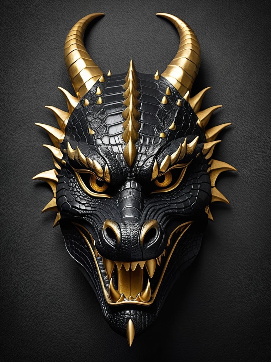 Intricate Dragon Mask with Golden Accents and Texture